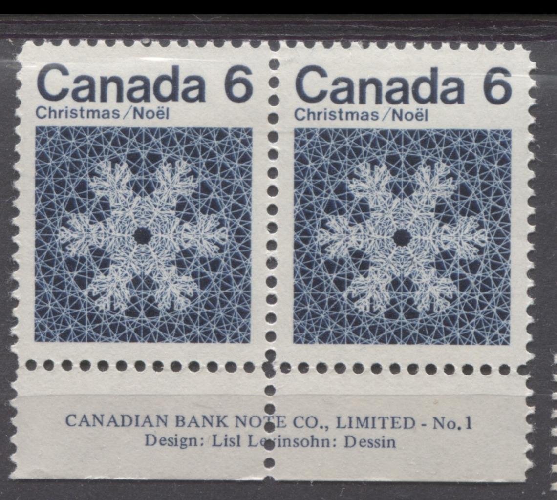 Canada #554i (SG#687o) 6c Indigo Snowflake 1971 Christmas Issue DF-fl, MF, VVS Paper Margin Pair VF-84 NH Brixton Chrome 