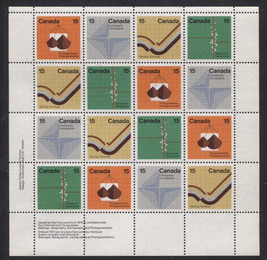 Canada #585a (SG#741a) 15c Multicoloured 1972 Earth Sciences LL Inscription Sheet MF/MF Paper VF-84 NH Brixton Chrome 