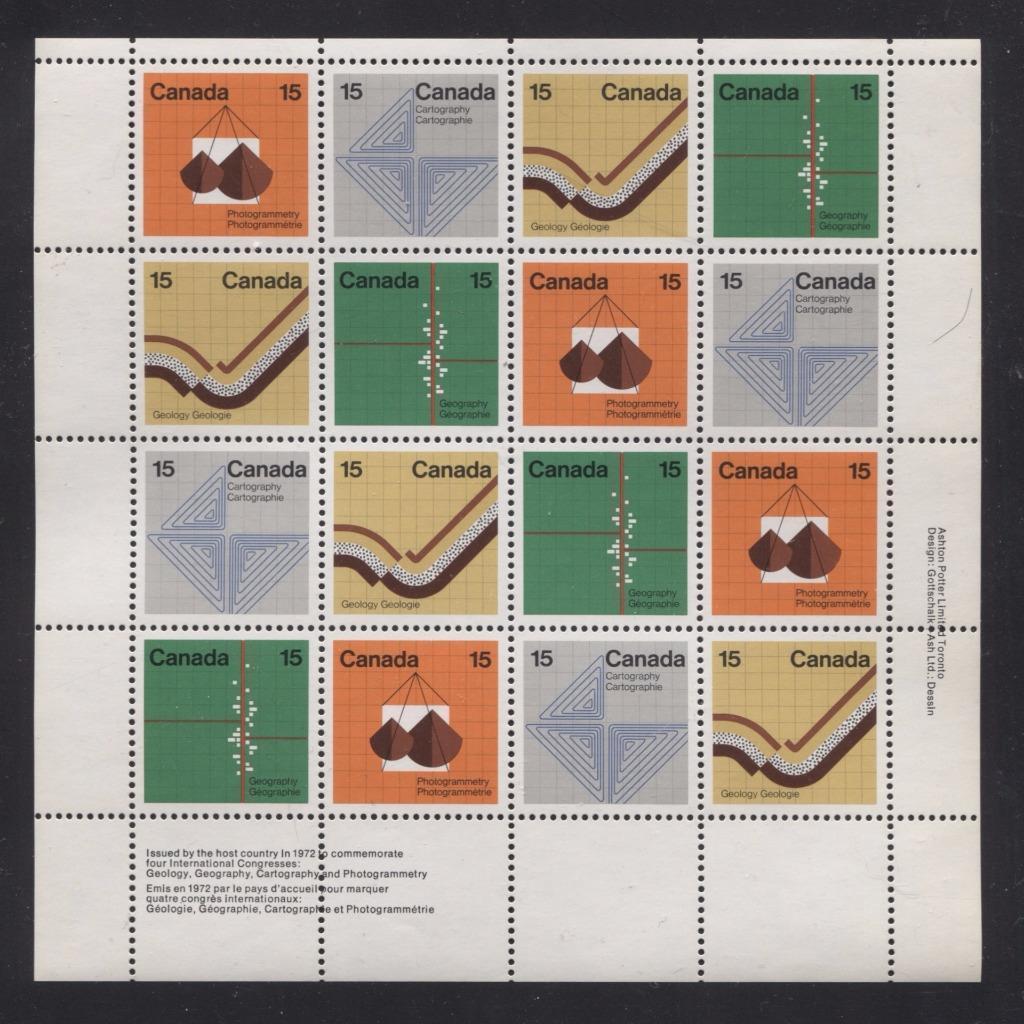 Canada #585a (SG#741a) 15c Multicoloured 1972 Earth Sciences LR Inscription Sheet LF/MF Paper VF-84 NH Brixton Chrome 
