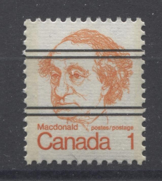 Canada #586xxii (SG#693) 1c Macdonald 1972-1978 Caricature Issue Precancel Horizontal Ribbed Paper Type 1 VF-80 NH Brixton Chrome 