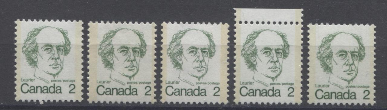 Canada #587, I, vi, ix (SG#694) 2c Green Laurier 1972-1978 Caricature Issue 5 Different Papers F-70 NH Brixton Chrome 