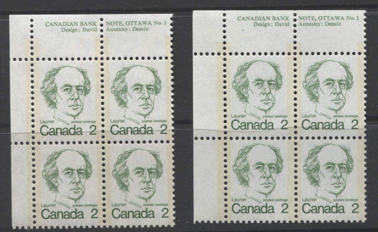 Canada #587 (SG#694) 2c Green Laurier 1972-1978 Caricature Issue MF/LF Paper Type 2 UL Blocks VF-75 NH Brixton Chrome 