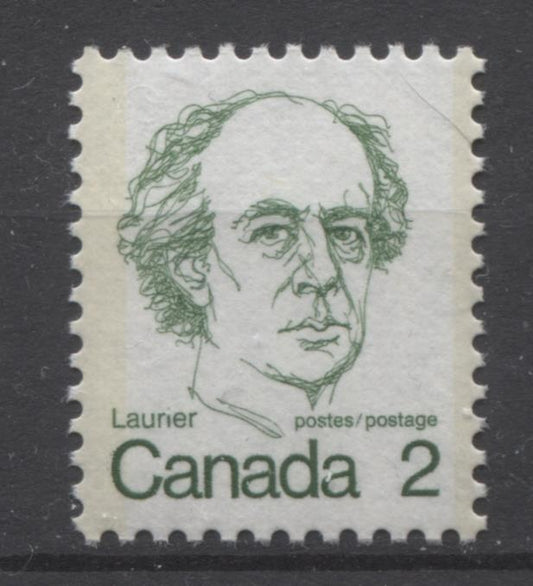 Canada #587 (SG#694) 2c Green Laurier 1972-1978 Caricature Issue MF/LF Paper Type 2 VF-84 NH Brixton Chrome 