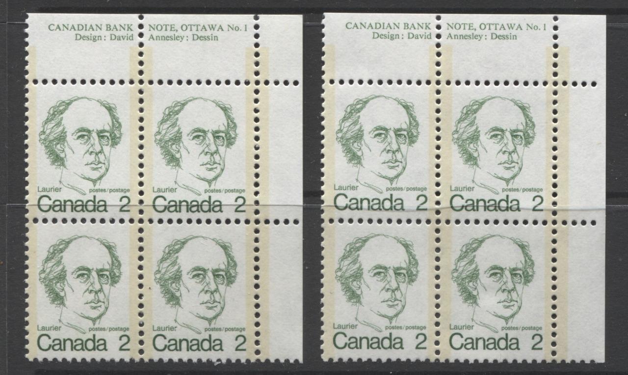 Canada #587 (SG#694) 2c Green Laurier 1972-1978 Caricature Issue MF/LF Paper Type 3 & 8 UR Blocks VF-80 NH Brixton Chrome 