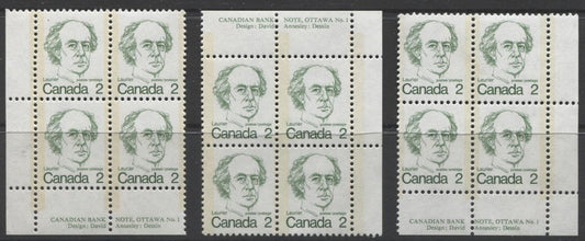 Canada #587 (SG#694) 2c Green Laurier 1972-1978 Caricature Issue MF/LF Paper Type 3 & 9 Blocks F-70 NH Brixton Chrome 