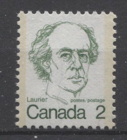Canada #587 (SG#694) 2c Green Laurier 1972-1978 Caricature Issue MF/LF Paper Type 7 VF-84 NH Brixton Chrome 