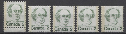 Canada #587 (SG#694) 2c Green Laurier 1972-1978 Caricature Issue MF/LF Paper Types 1, 2, 3, 5 & 7 F-70 NH Brixton Chrome 