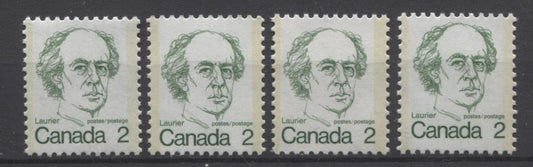 Canada #587 (SG#694) 2c Green Laurier 1972-1978 Caricature Issue MF/LF Paper Types 2, 3, 5 & 7 VF-75 NH Brixton Chrome 