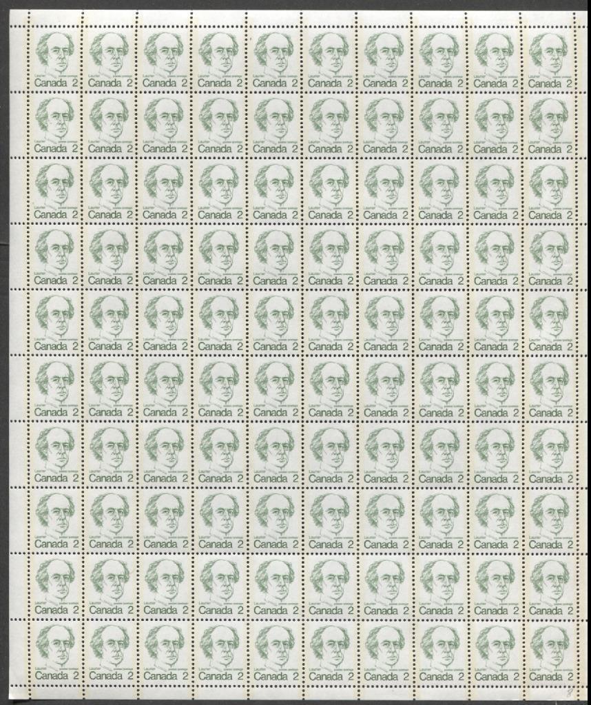 Canada #587ii (SG#694) 2c Green Laurier 1972-1978 Caricature Issue DF/NF Paper Type 3 Full Sheet VF-75 NH Brixton Chrome 
