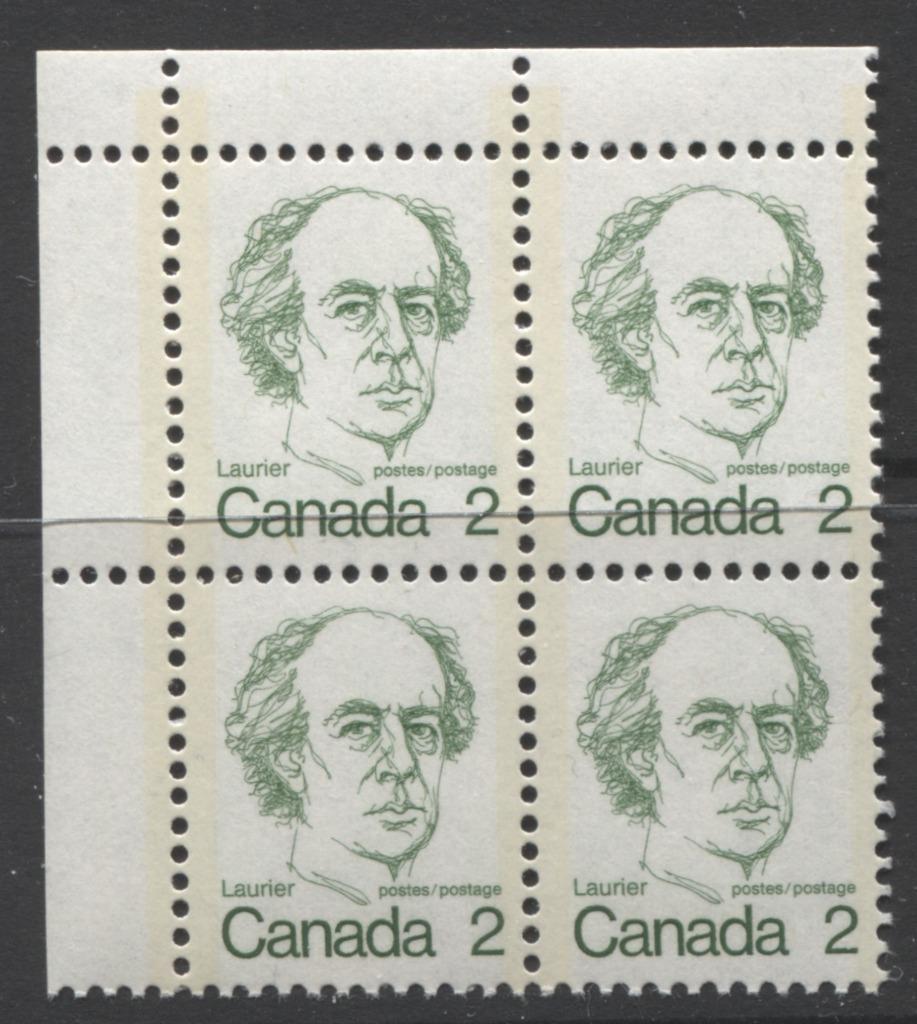 Canada #587iii (SG#694) 2c Green Laurier 1972-1978 Caricature Issue DF Paper Type 3 UL Blank Block VF-75 NH Brixton Chrome 