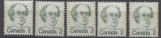 Canada #587iii (SG#694) 2c Green Laurier 1972-1978 Caricature Issue DF Paper Types 1, 2, 3, 7 & 8 VF-75 NH Brixton Chrome 