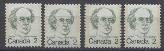 Canada #587iii (SG#694) 2c Green Laurier 1972-1978 Caricature Issue DF Paper Types 1, 2, 8, & 13 F-70 NH Brixton Chrome 