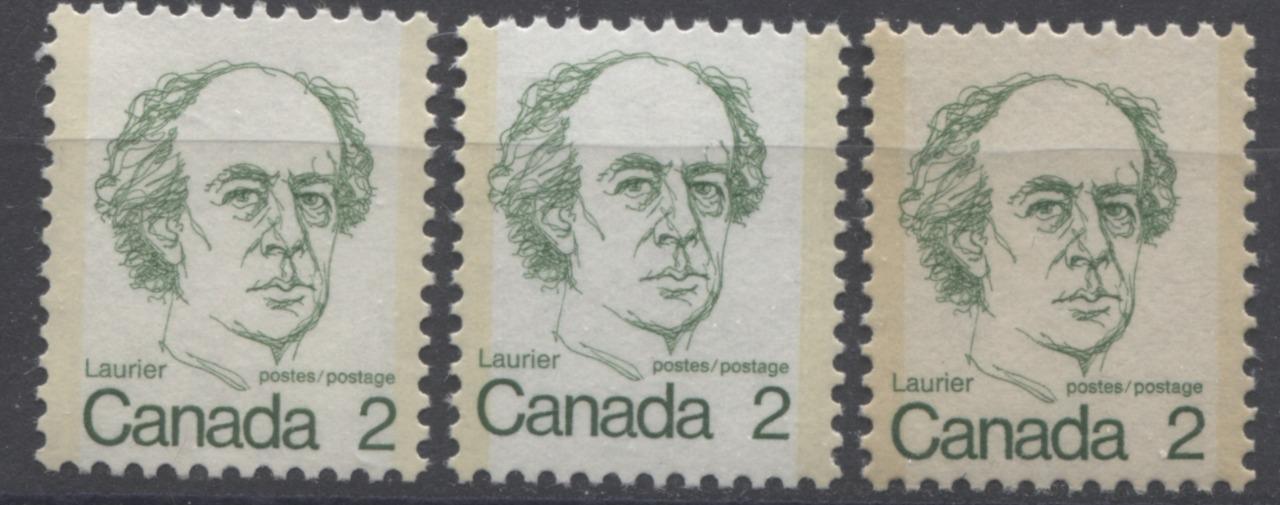 Canada #587iii (SG#694) 2c Green Laurier 1972-1978 Caricature Issue DF Paper Types 7, 13, & 14 F-70 NH Brixton Chrome 