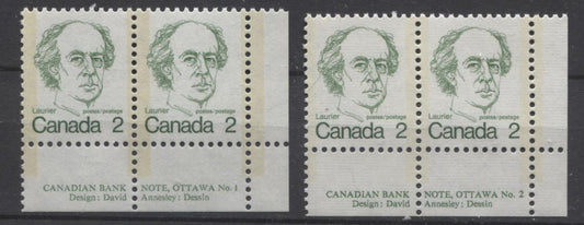 Canada #587v (SG#694) 2c Green Laurier 1972-1978 Caricature Issue Plate 1 and 2 Pairs Selection VF-80 NH Brixton Chrome 