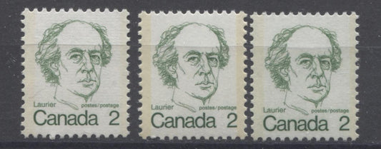 Canada #587v, vi, ix (SG#694) 2c Green Laurier 1972-1978 Caricature Issue 3 Paper Types VF-75/80 NH Brixton Chrome 