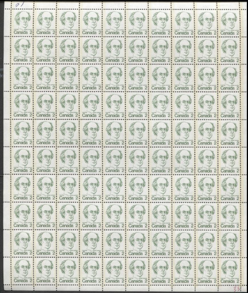 Canada #587vi (SG#694) 2c Green Laurier 1972-1978 Caricature Issue HF Paper Type 3 Full Sheet F-70 NH Brixton Chrome 