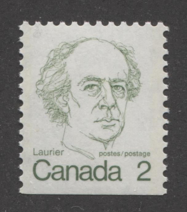 Canada #587viii (SG#694) 2c Dull Green Laurier 1972-1978 Caricature Issue Booklet Stamp Tag Streak VF-75 NH Brixton Chrome 