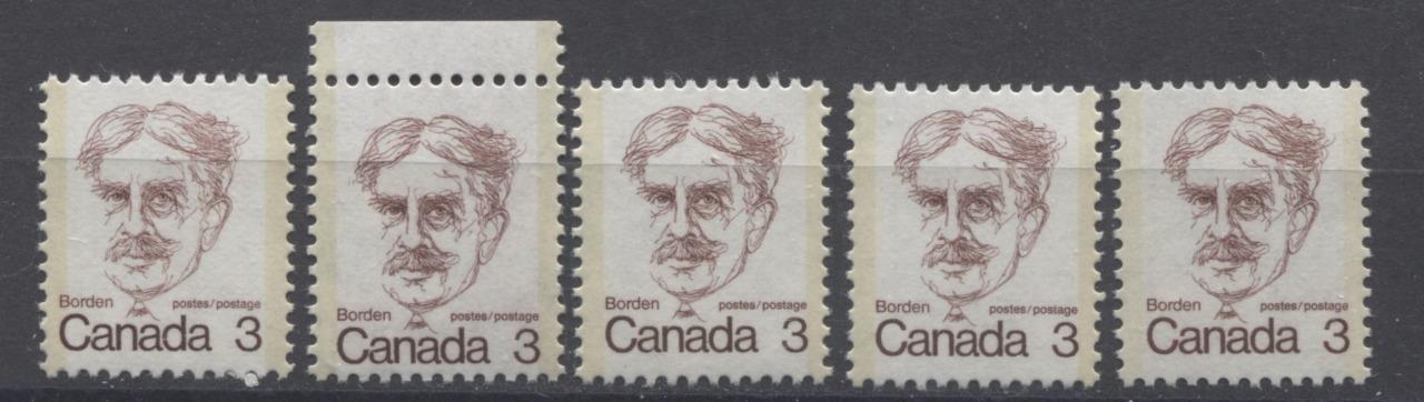 Canada #588, iii (SG#695) 3c Maroon Borden 1972-1978 Caricature Issue 5 Different Papers/Shades VF-75 NH Brixton Chrome 