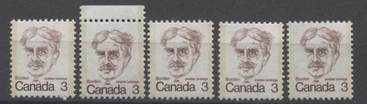 Canada #588, iii (SG#695) 3c Maroon Borden 1972-1978 Caricature Issue 5 Different Papers/Shades VF-75 NH Brixton Chrome 