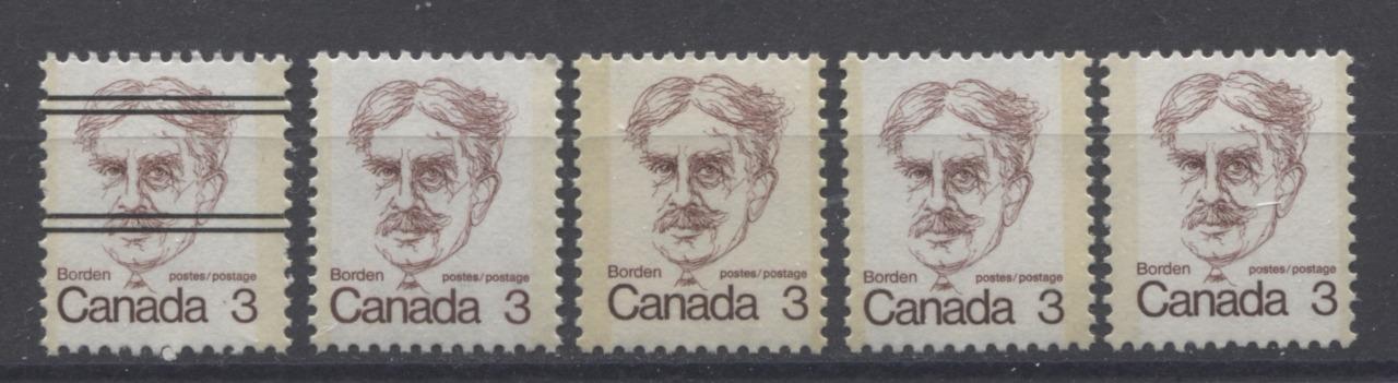 Canada #588, iii, xx (SG#695) 3c Maroon Borden 1972-1978 Caricature Issue 5 Different Papers F-70 NH Brixton Chrome 
