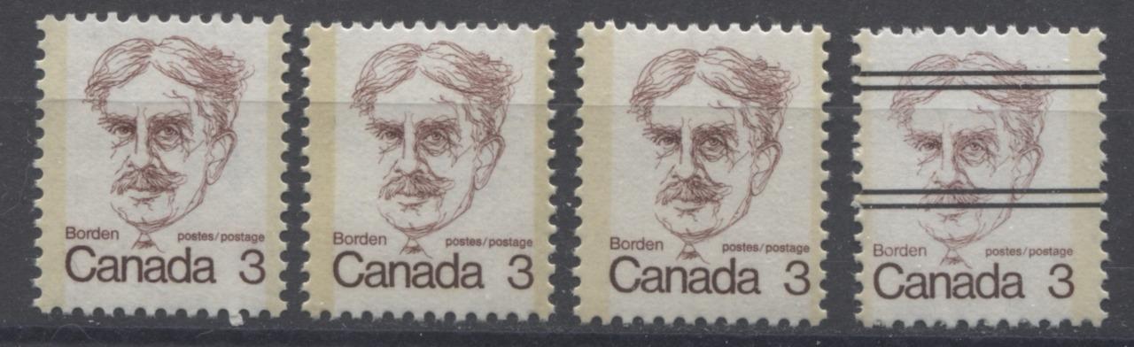 Canada #588ii, iii, xx (SG#695) 3c Maroon Borden 1972-1978 Caricature Issue 4 Different Paper Types F-70 NH Brixton Chrome 