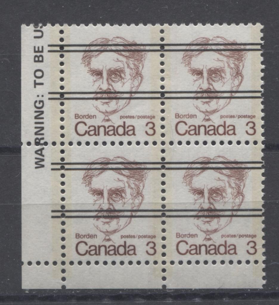 Canada #588xx (SG#695) 3c Maroon Borden 1972-1978 Caricature Issue Precancel LF Paper Type 3 LL VF-75 NH Brixton Chrome 