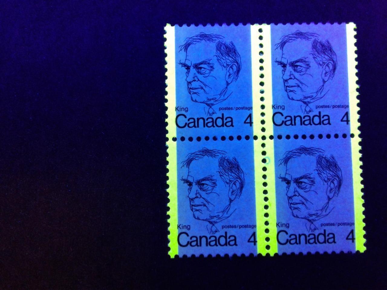Canada #589 (SG#696) 4c Black King 1972-1978 Caricature Issue LF Paper Ty 13 Block of 4 With Tag Flaw VF-80NH Brixton Chrome 