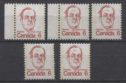 Canada #591, iii, iv (SG#698) 6c Scarlet Pearson 1972-1978 Caricature Issue 5 Different Papers F-70 NH Brixton Chrome 