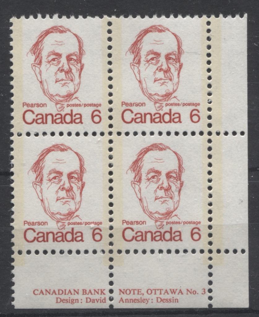 Canada #591 (SG#698) 6c Deep Rose Red Pearson 1972-1978 Caricature Issue NF Paper Type 1 Plate 3 LR VF-80 NH Brixton Chrome 