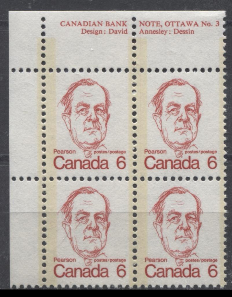Canada #591 (SG#698) 6c Deep Rose Red Pearson 1972-1978 Caricature Issue NF Paper Type 2 Plate 3 UL VF-75 NH Brixton Chrome 