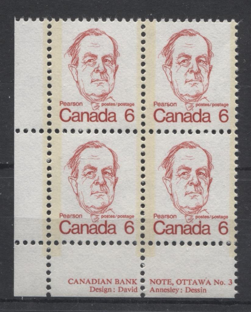 Canada #591 (SG#698) 6c Scarlet Pearson 1972-1978 Caricature Issue NF Paper Type 2 Plate 3 LL VF-75 NH Brixton Chrome 