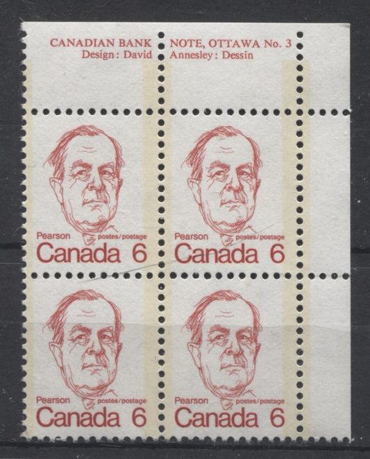 Canada #591 (SG#698) 6c Scarlet Pearson 1972-1978 Caricature Issue NF Paper Type 2 Plate 3 UR VF-75 NH Brixton Chrome 