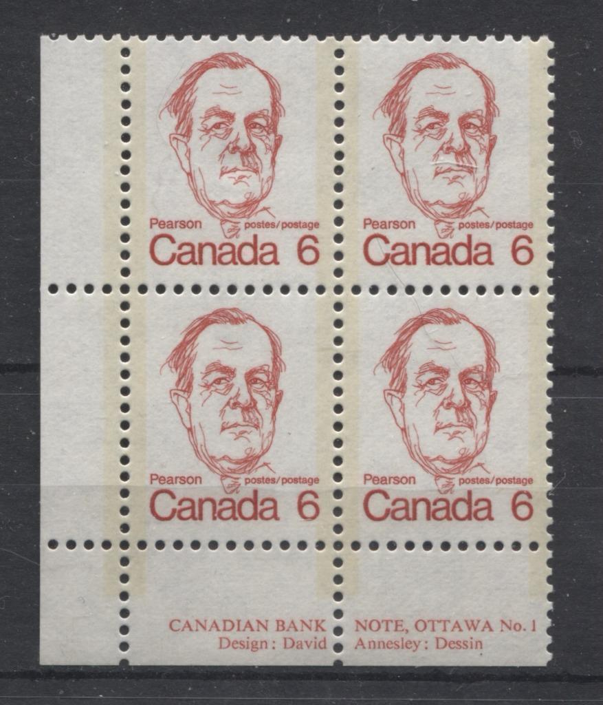 Canada #591iii (SG#698) 6c Bright Scarlet Pearson 1972-1978 Caricature Issue LF Paper Type 15 Plate 1 LL VF-75 NH Brixton Chrome 