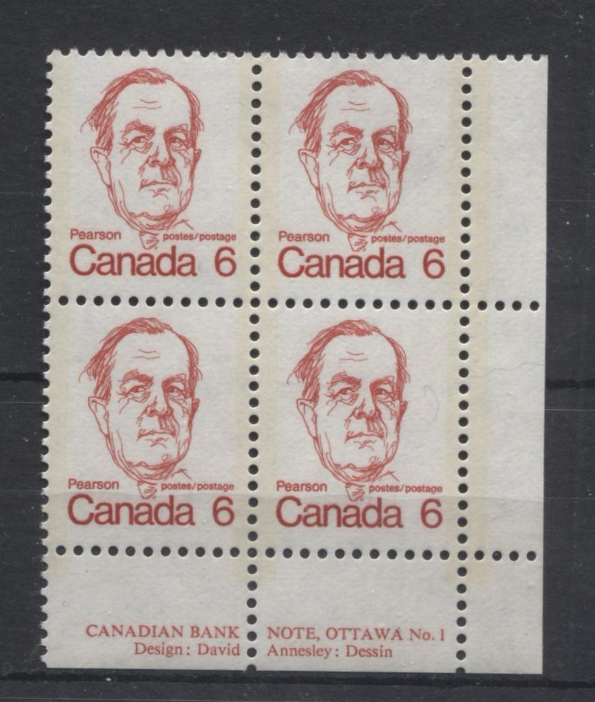 Canada #591iii (SG#698) 6c Bright Scarlet Pearson 1972-1978 Caricature Issue LF Paper Type 15 Plate 1 LR VF-75 NH Brixton Chrome 