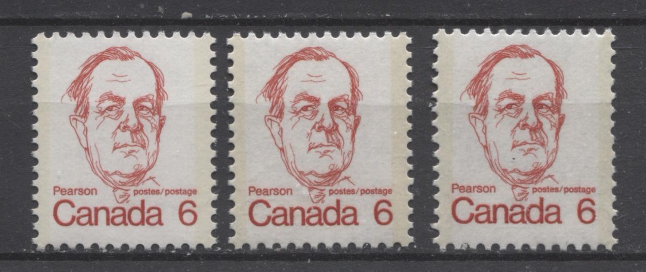Canada #591iii (SG#698) 6c Scarlet Pearson 1972-1978 Caricature Issue LF Paper Types 9, 12 & 15 VF-75 NH Brixton Chrome 
