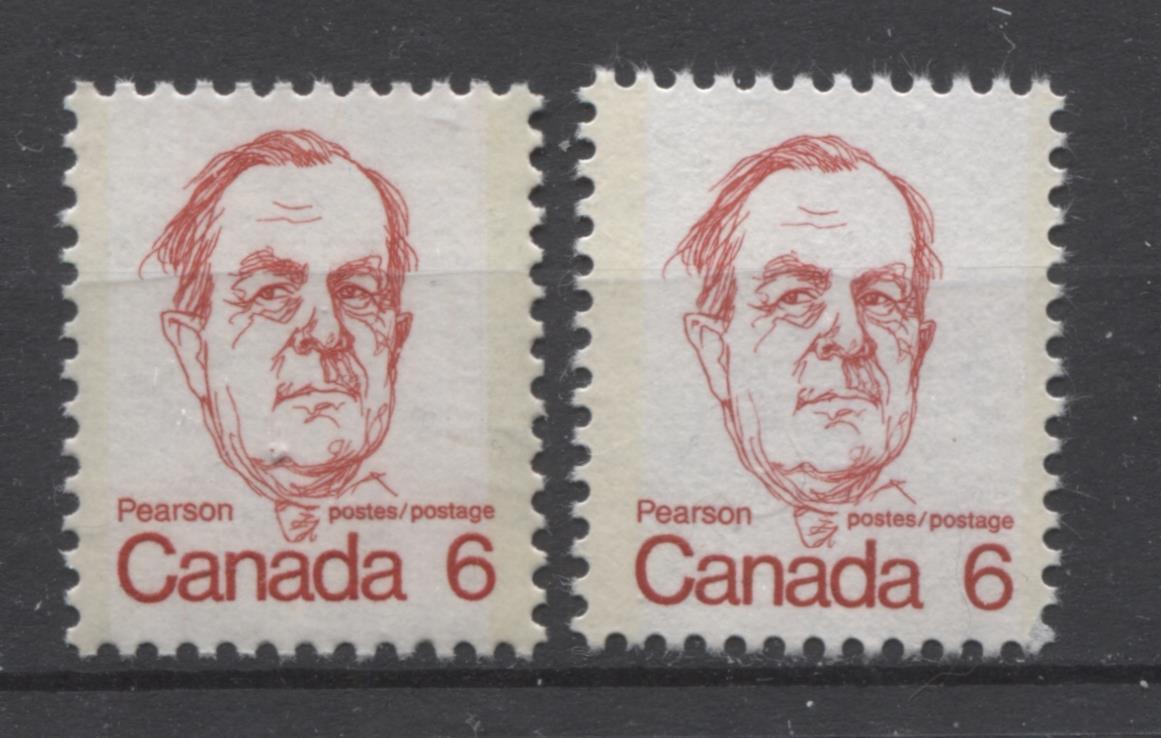 Canada #591,iii (SG#698) 6c Scarlet Pearson 1972-1978 Caricature Issue NF & LF Paper Types 1 & 7 VF-80 NH Brixton Chrome 
