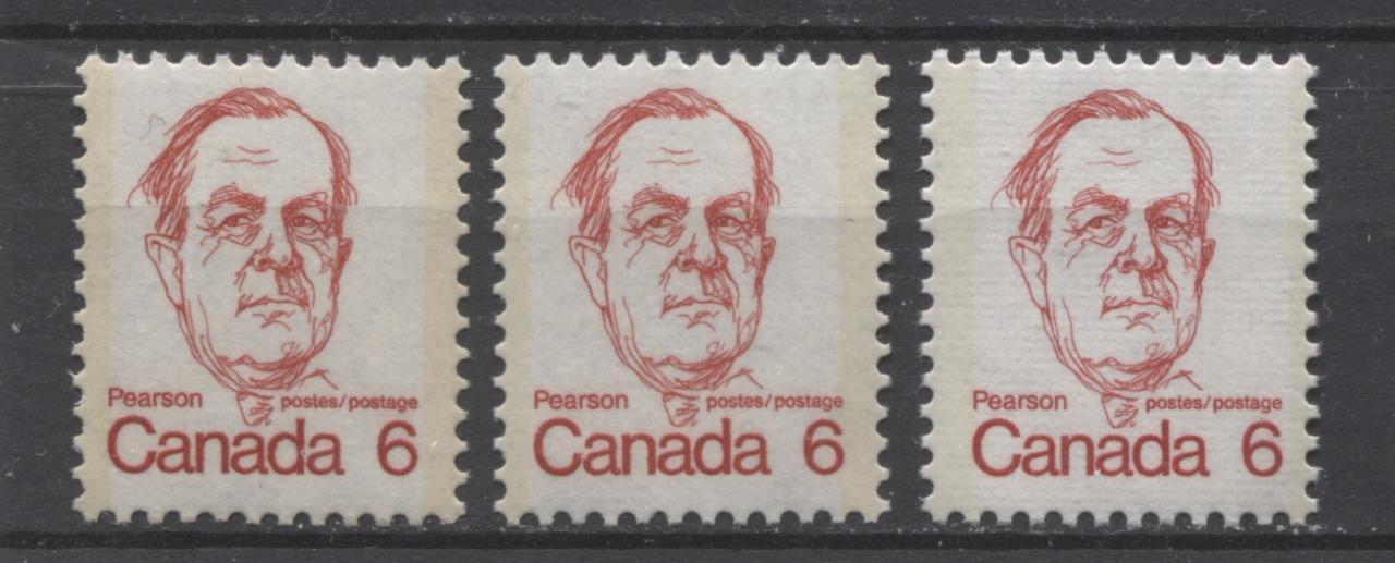 Canada #591i,v (SG#698) 6c Scarlet Pearson 1972-1978 Caricature Issue 3 Different DF Papers VF-75 NH Brixton Chrome 