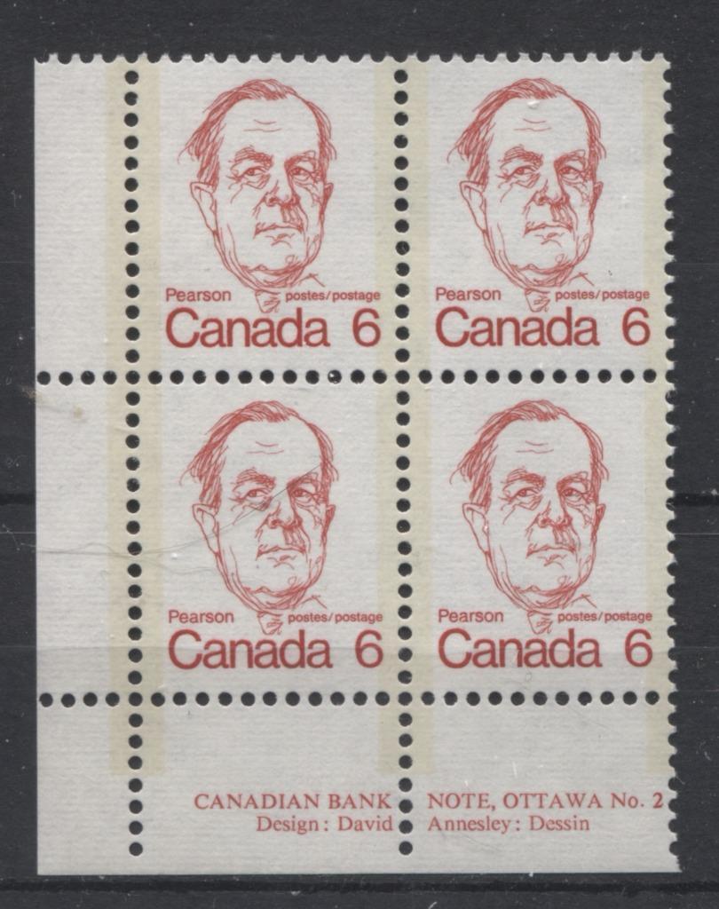 Canada #591v (SG#698) 6c Bright Scarlet Pearson 1972-1978 Caricature Issue DF/LF Paper Type 2 Plate 2 LL VF-75 NH Brixton Chrome 