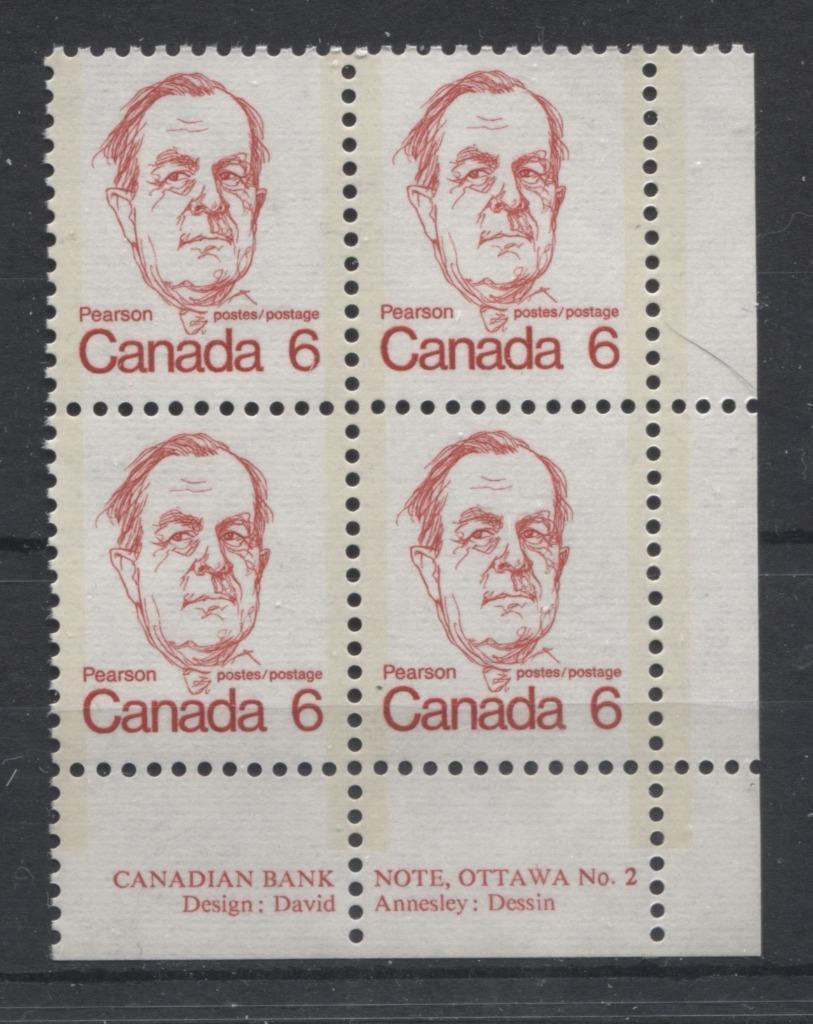 Canada #591v (SG#698) 6c Bright Scarlet Pearson 1972-1978 Caricature Issue DF/LF Paper Type 2 Plate 2 LR VF-75 NH Brixton Chrome 