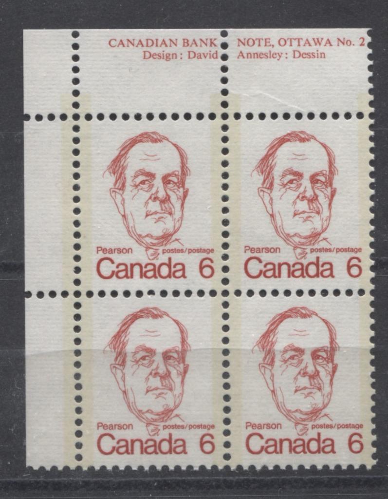 Canada #591v (SG#698) 6c Bright Scarlet Pearson 1972-1978 Caricature Issue DF/LF Paper Type 2 Plate 2 UL VF-75 NH Brixton Chrome 