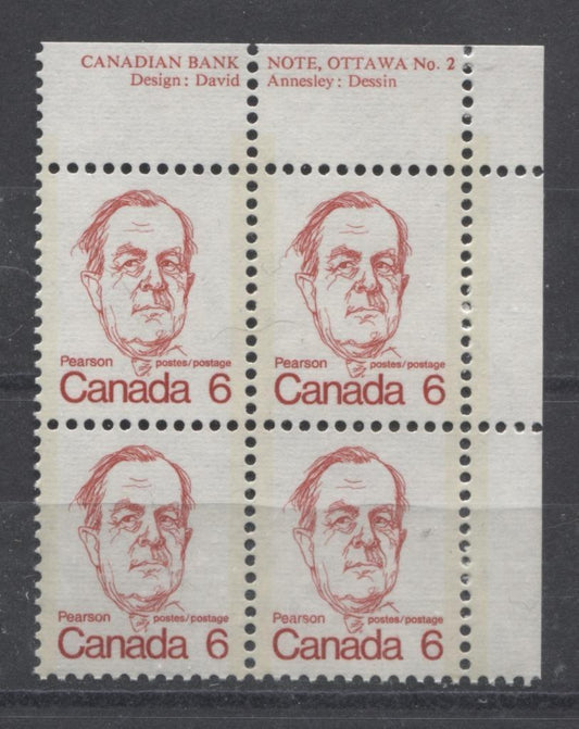 Canada #591v (SG#698) 6c Bright Scarlet Pearson 1972-1978 Caricature Issue DF/LF Paper Type 2 Plate 2 UR VF-80 NH Brixton Chrome 