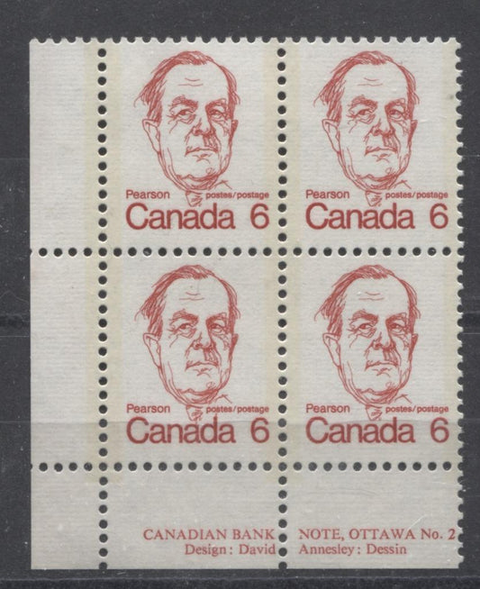 Canada #591v (SG#698) 6c Bright Scarlet Pearson 1972-1978 Caricature Issue DF/LF Paper Type 3 Plate 2 LL F-70 NH Brixton Chrome 
