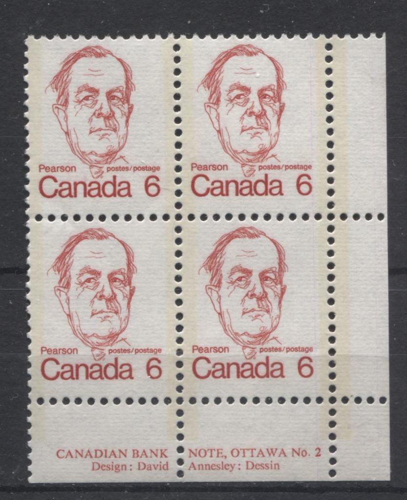 Canada #591v (SG#698) 6c Bright Scarlet Pearson 1972-1978 Caricature Issue DF/LF Paper Type 3 Plate 2 LR F-70 NH Brixton Chrome 