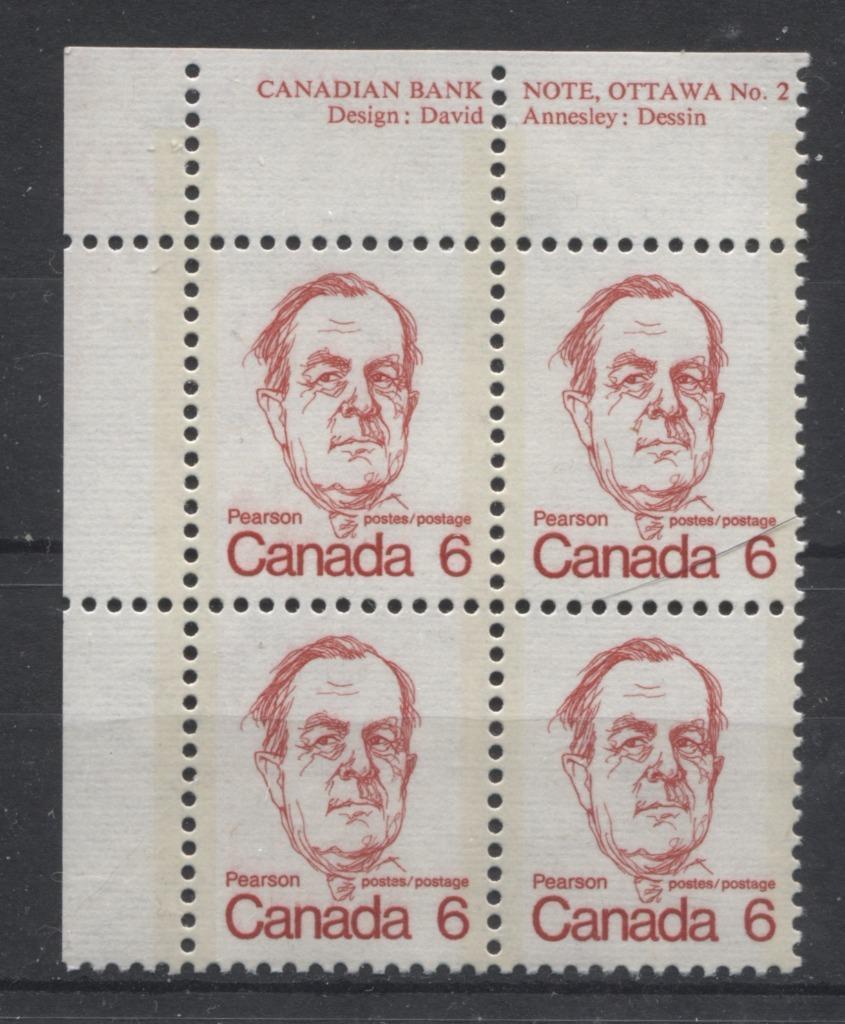 Canada #591v (SG#698) 6c Bright Scarlet Pearson 1972-1978 Caricature Issue DF/LF Paper Type 3 Plate 2 UL VF-80 NH Brixton Chrome 