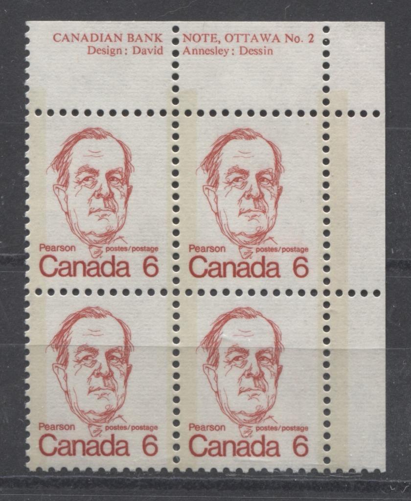 Canada #591v (SG#698) 6c Bright Scarlet Pearson 1972-1978 Caricature Issue DF/LF Paper Type 3 Plate 2 UR F-70 NH Brixton Chrome 