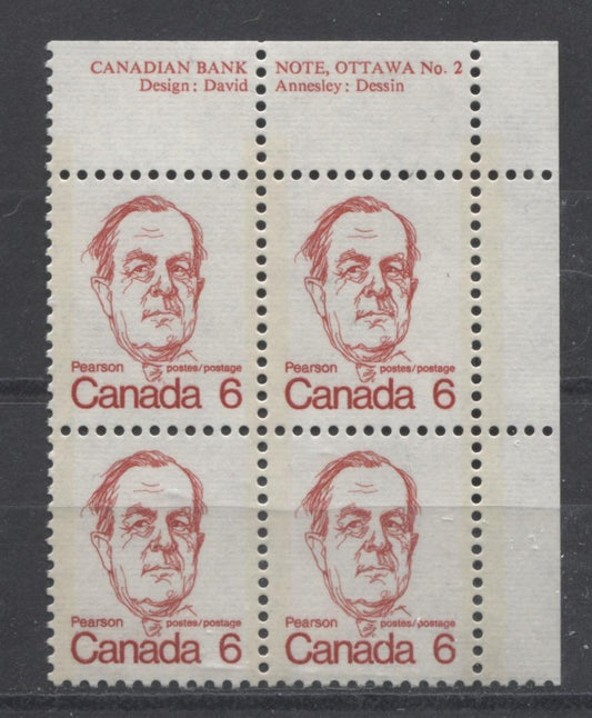 Canada #591v (SG#698) 6c Bright Scarlet Pearson 1972-1978 Caricature Issue DF/LF Paper Type 3 Plate 2 UR VF-75 NH Brixton Chrome 