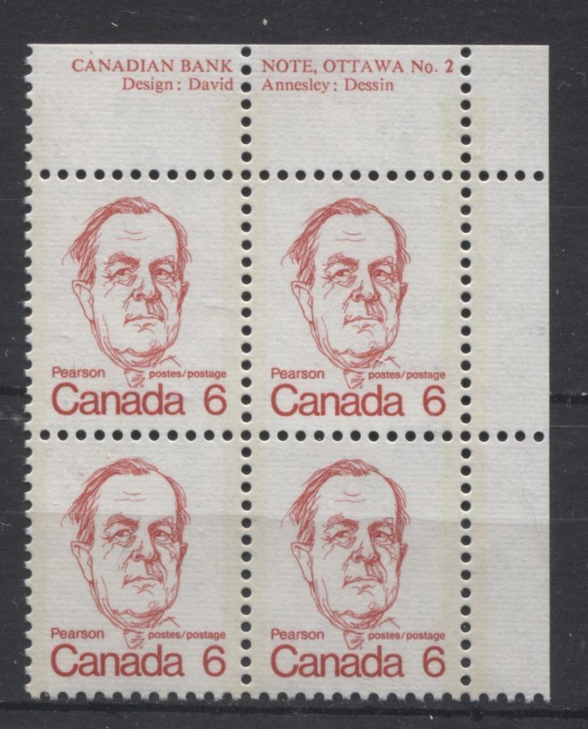 Canada #591v (SG#698) 6c Light Scarlet Pearson 1972-1978 Caricature Issue DF/LF Paper Type 1 Plate 2 UR VF-75 NH Brixton Chrome 