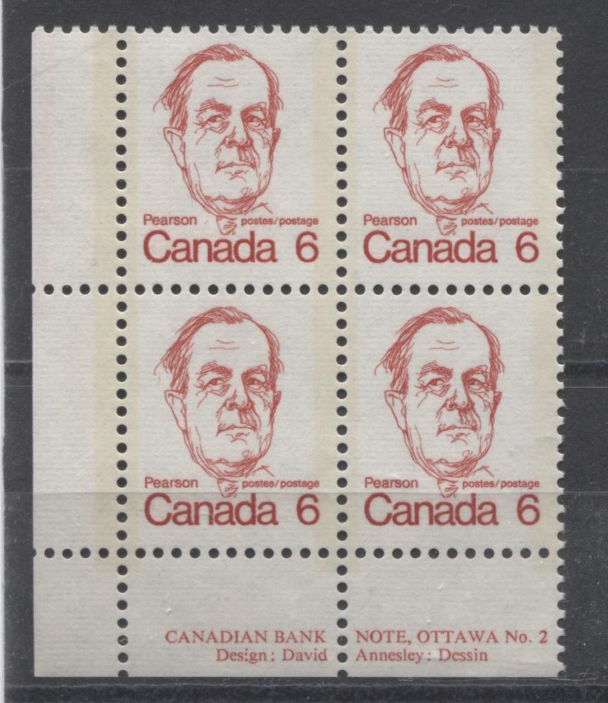 Canada #591v (SG#698) 6c Scarlet Pearson 1972-1978 Caricature Issue LL Block With Tag Streak on Back VF-75 NH Brixton Chrome 