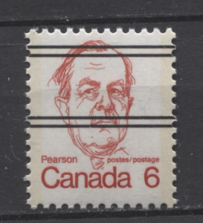 Canada #591xxiii (SG#698) 6c Scarlet Pearson 1972-1978 Caricature Issue Precancel HF Paper Type 1 VF-75 NH Brixton Chrome 