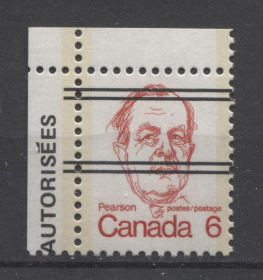 Canada #591xxiii (SG#698) 6c Scarlet Pearson 1972-1978 Caricature Issue Precancel HF Paper Type 4 VF-75 NH Brixton Chrome 